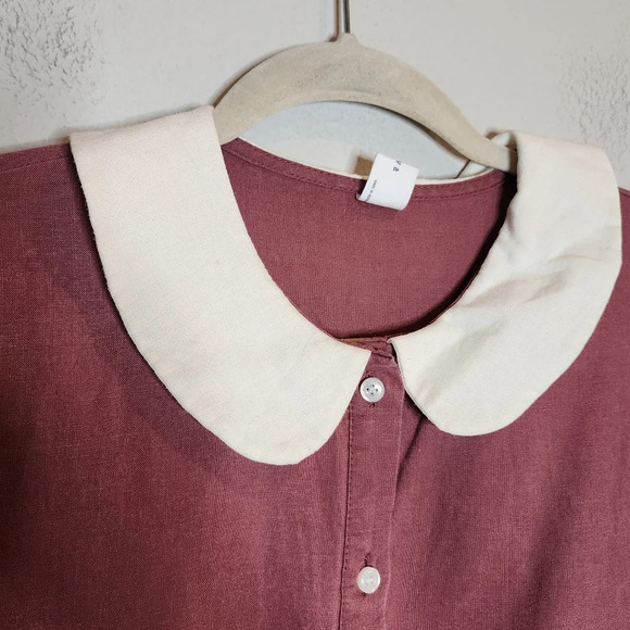 Eva Linen Peterpan Collar Puff Sleeve Button Front Mauve Mini Dress. Free Size - Picture 4 of 16